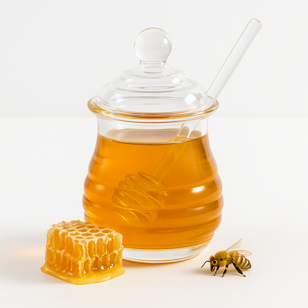 Honey jar with honeycomb and bee on a white background