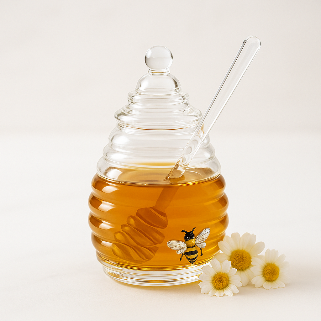 Honey jar with a bee design, filled with honey, on a white background.