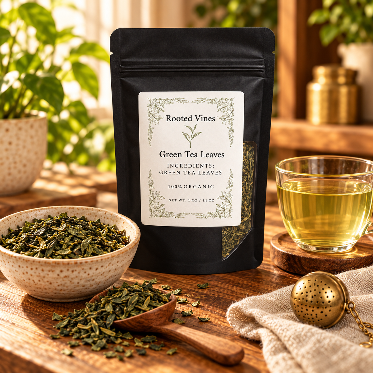 Green Tea Leaves 03 overhead flat lay