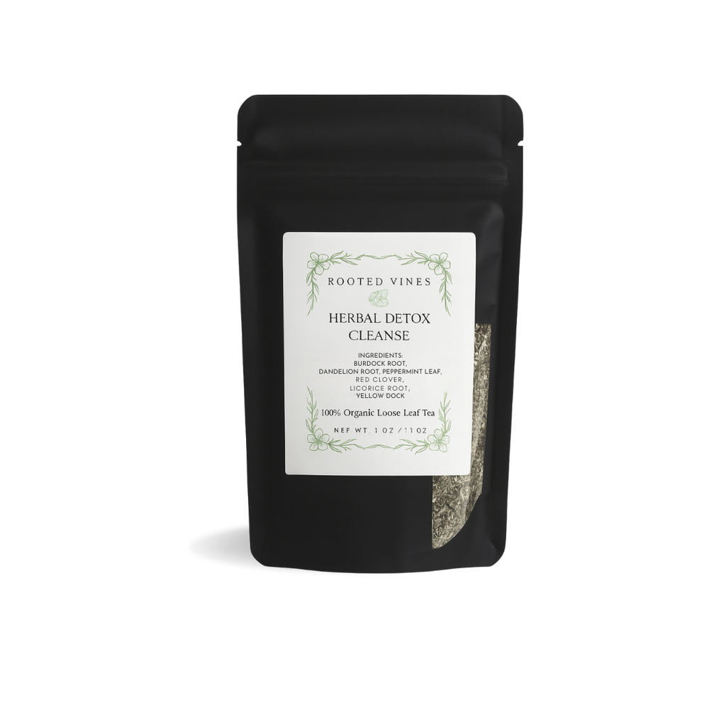 Black pouch of Rooted Vines Herbal Detox Cleanse tea on a white background