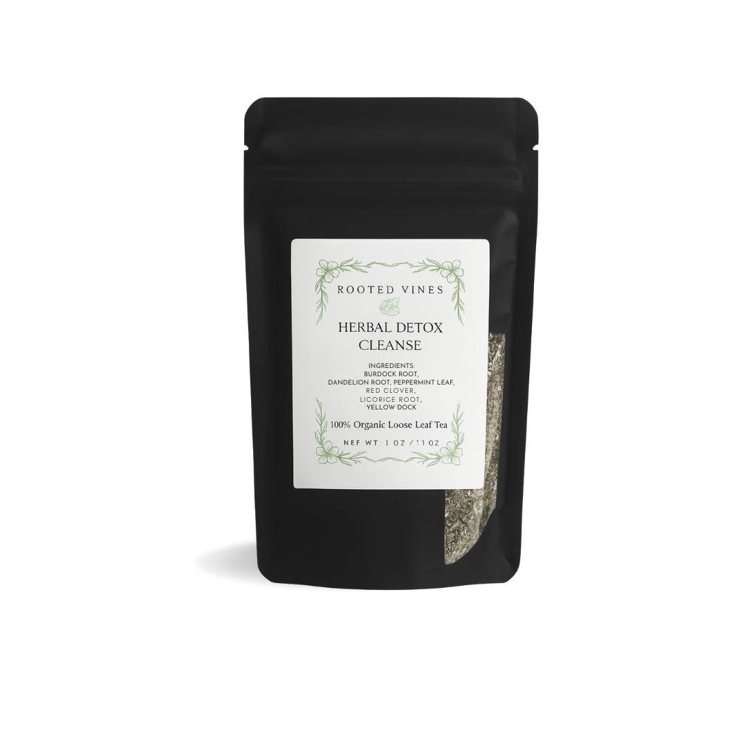 Black pouch of Rooted Vines Herbal Detox Cleanse tea on a white background