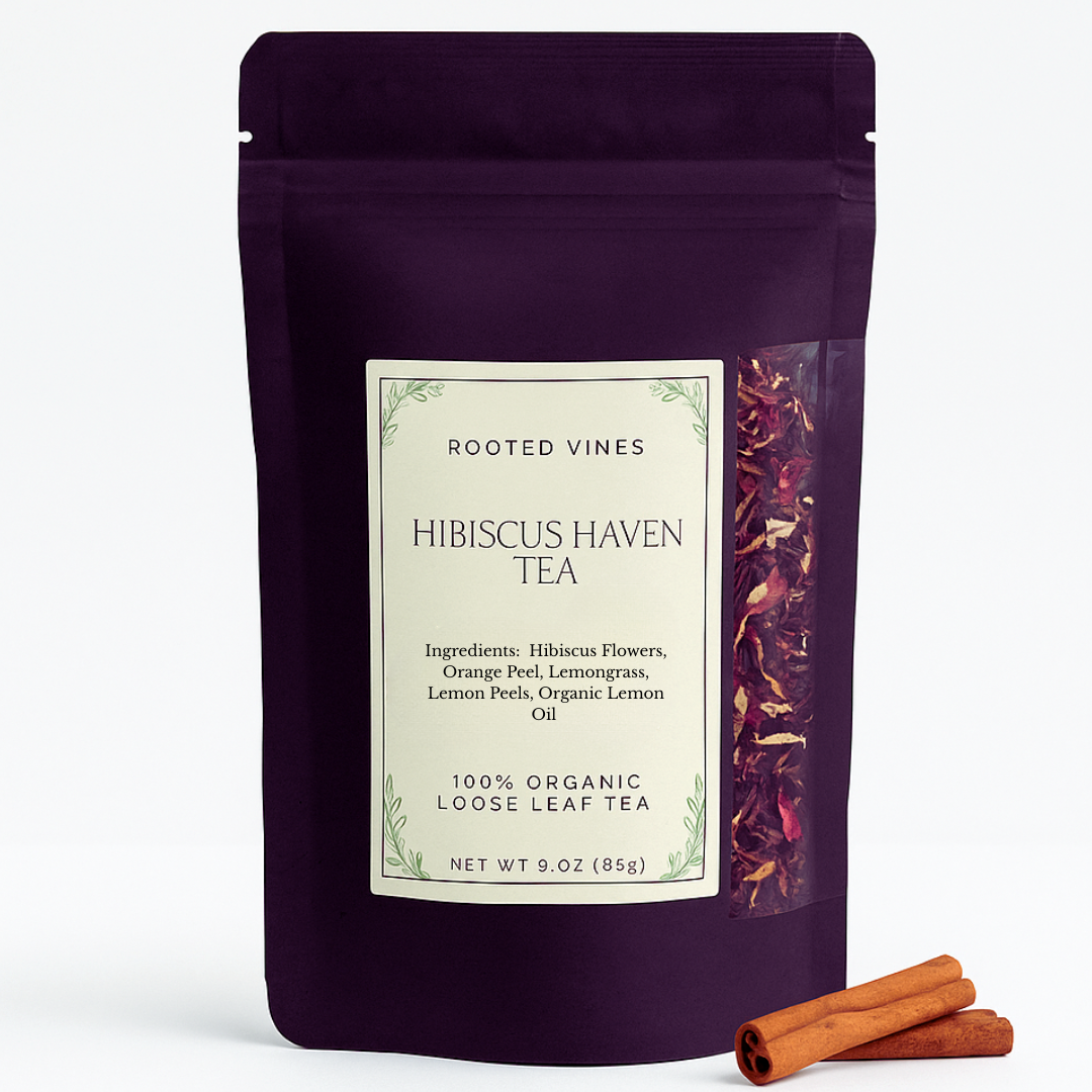 Tea package with 'Rooted Vines' branding on a white background
