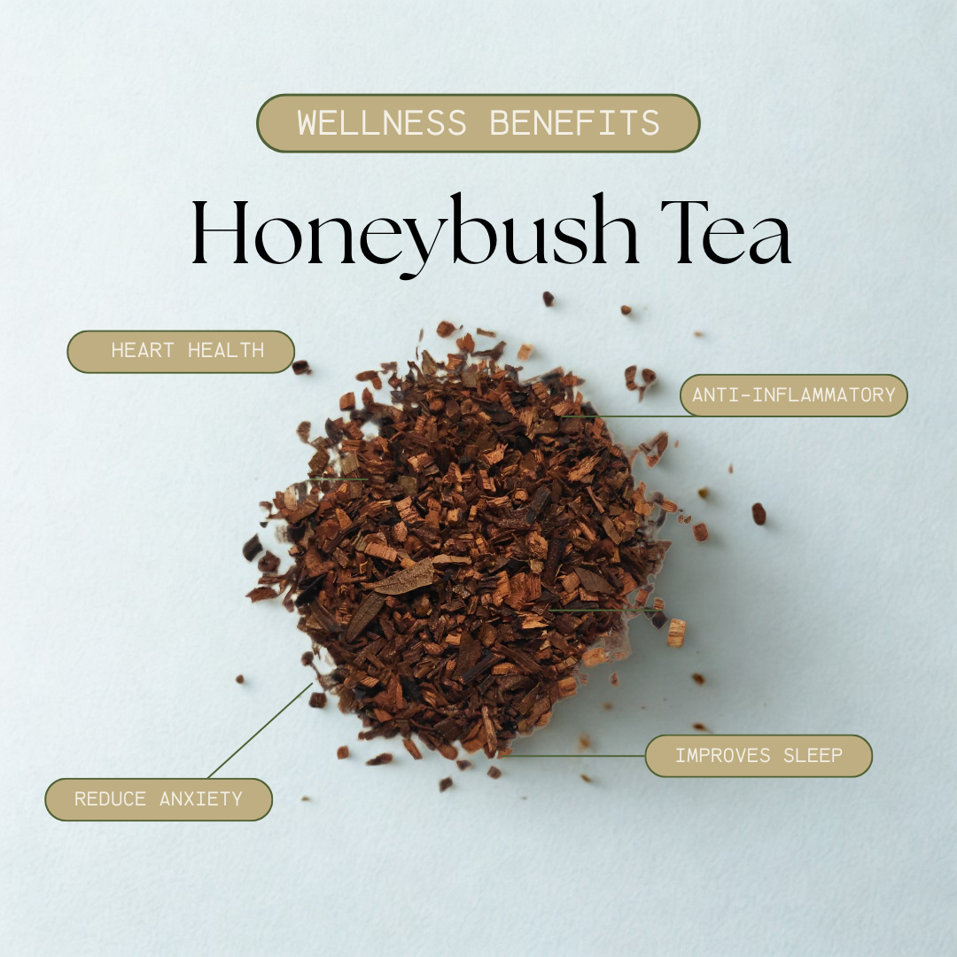 Honeybush tea leaves with wellness benefits text on a light background