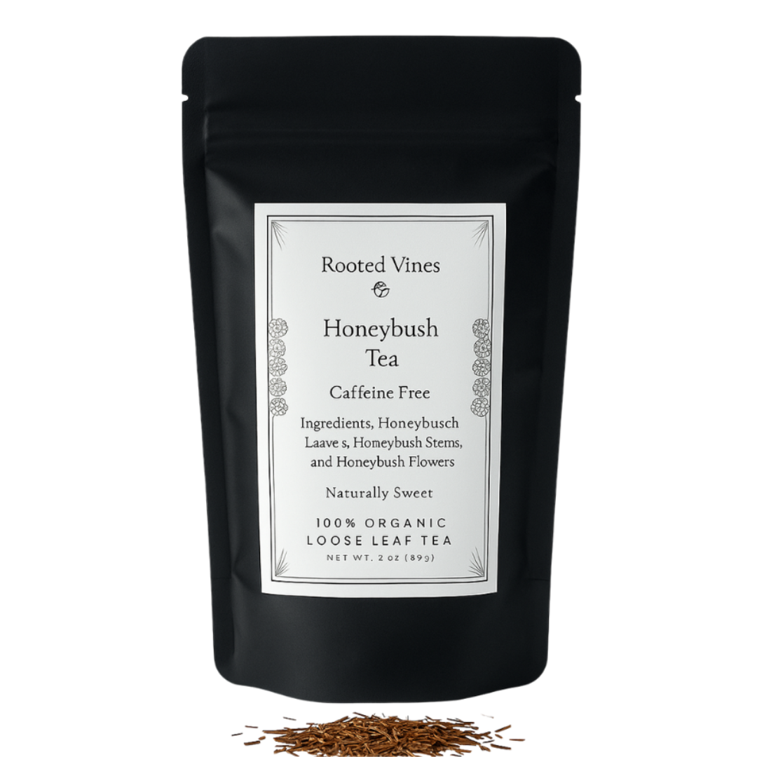 Black tea package with 'Rooted Vines & Honeybush Tea' label on a white background