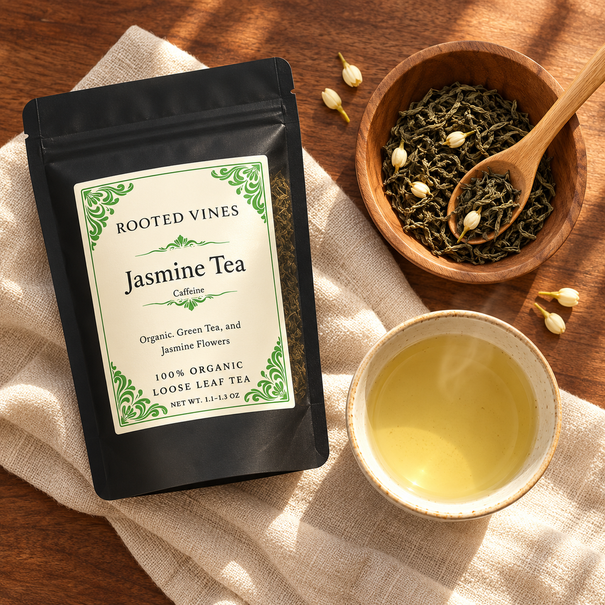 Jasmine Green Tea 03 overhead flat lay