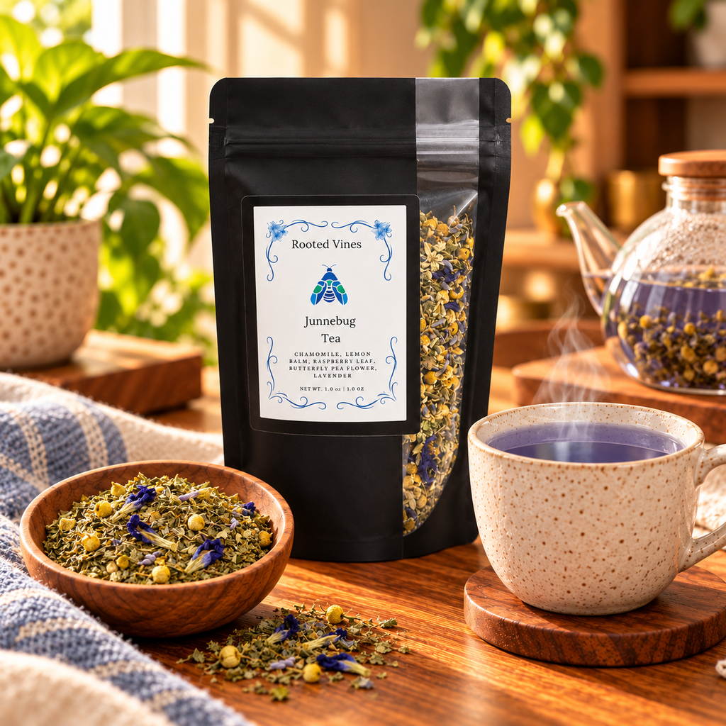 Junnebug Herbal Tea product hero in a warm home tea ritual setting