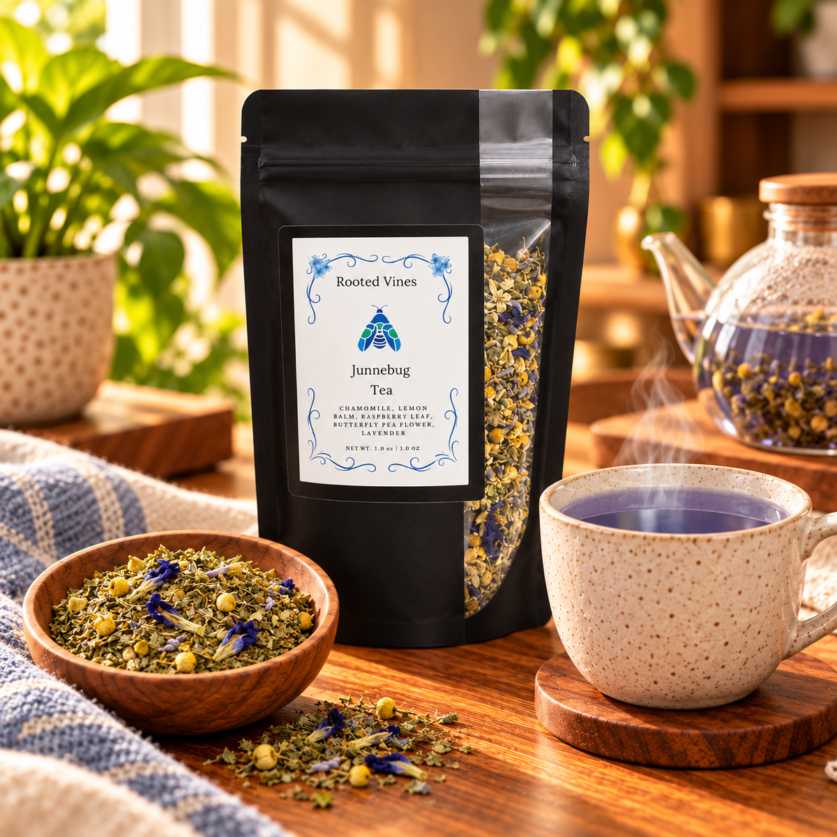 Junnebug Herbal Tea product hero in a warm home tea ritual setting