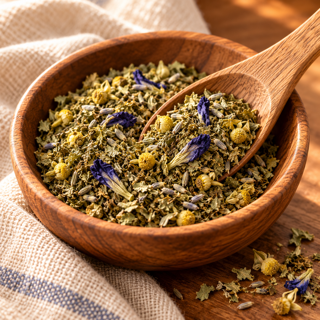 Junnebug loose herbal tea blend close-up with chamomile and blue petals