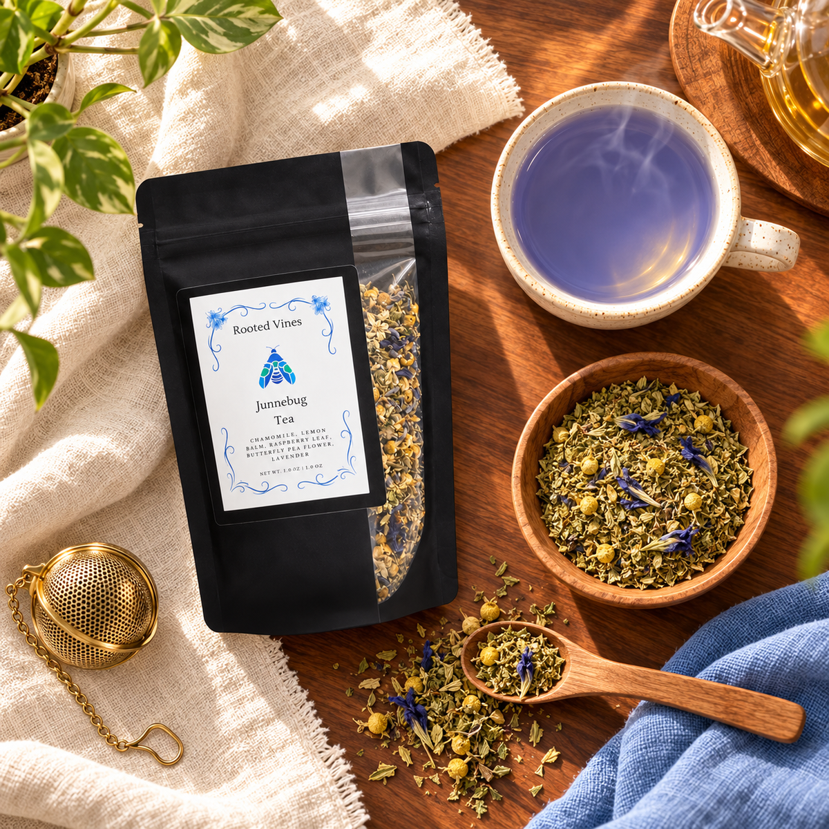Junnebug Herbal Tea overhead flat lay with pouch, loose blend, and brewed tea