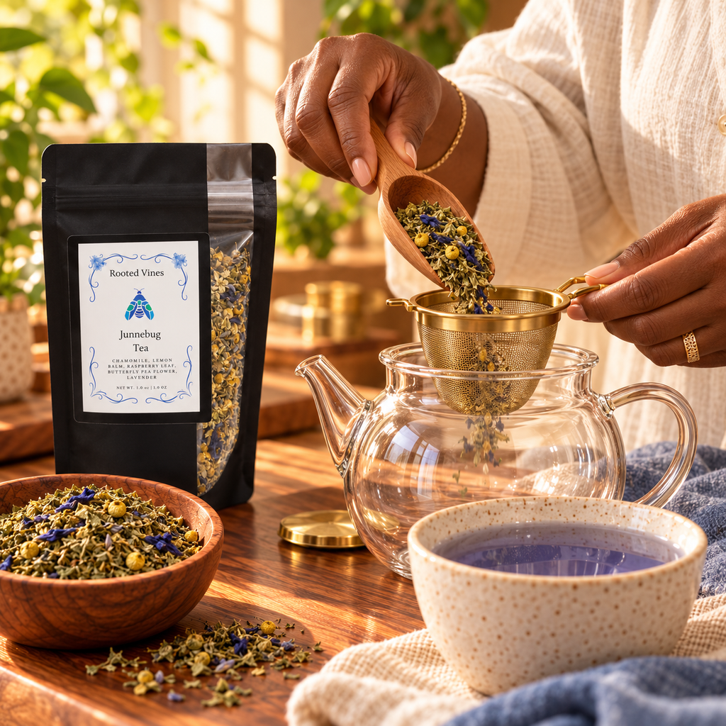 Measuring Junnebug loose herbal tea into a glass teapot