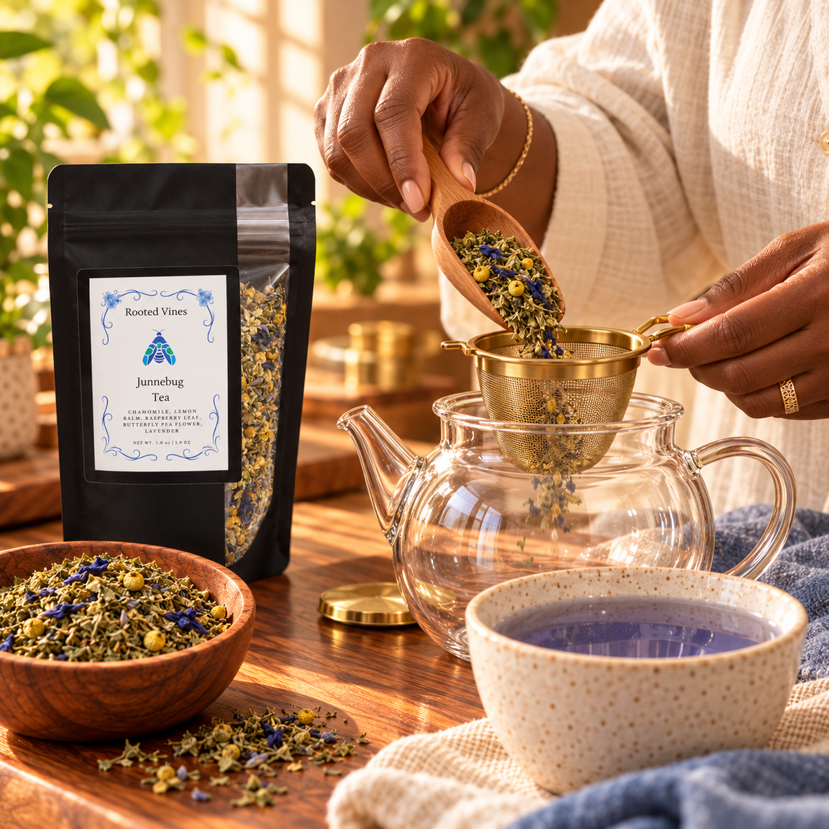 Measuring Junnebug loose herbal tea into a glass teapot