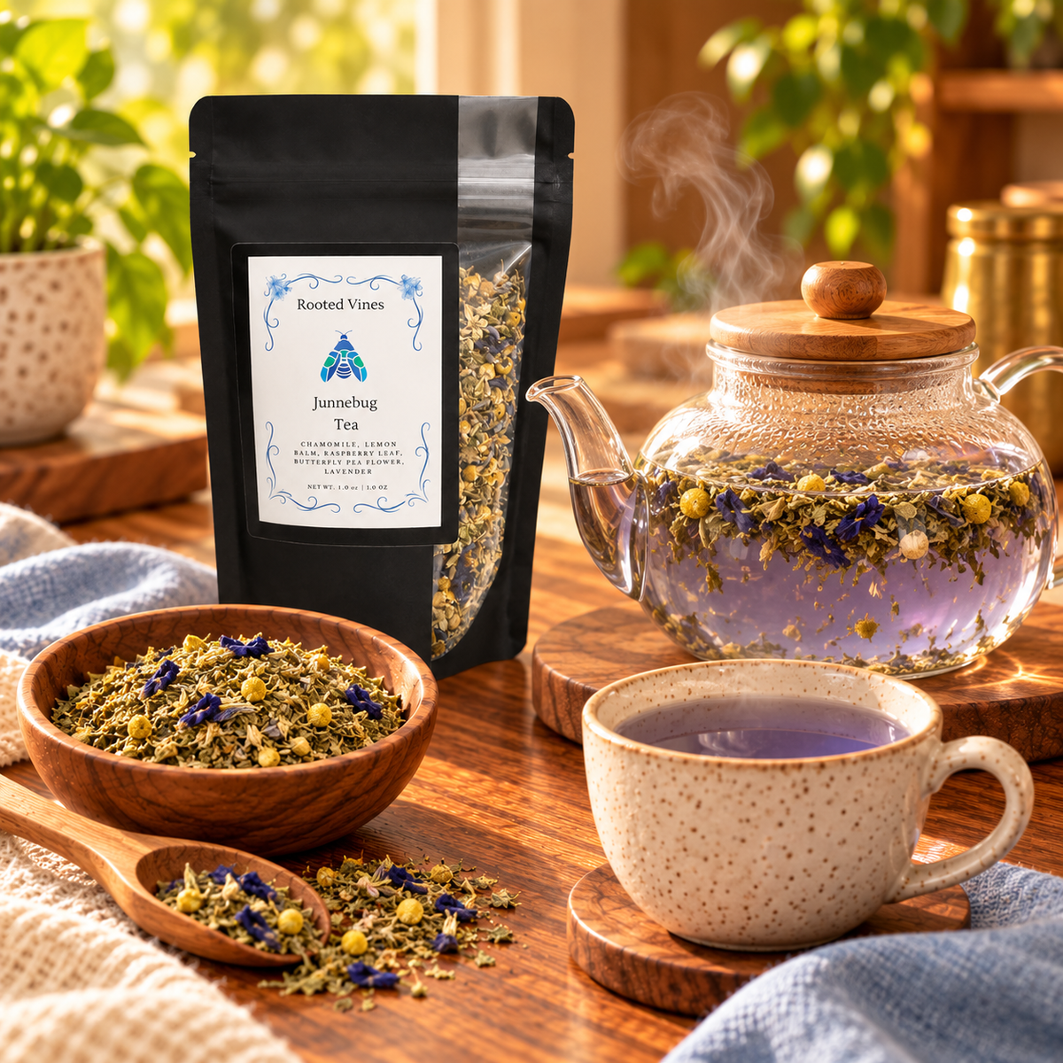 Junnebug Herbal Tea steeping in a glass teapot