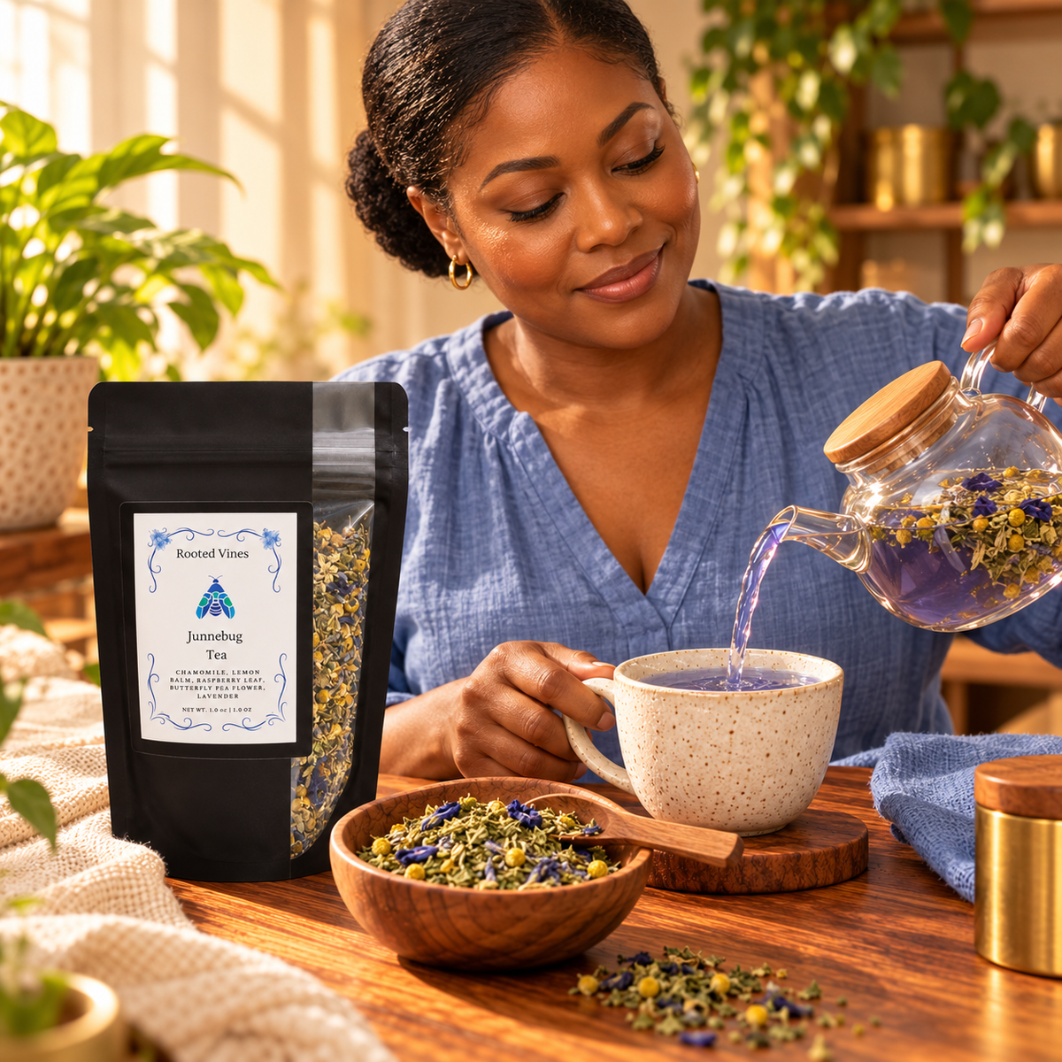 Pouring Junnebug Herbal Tea into a speckled ceramic cup