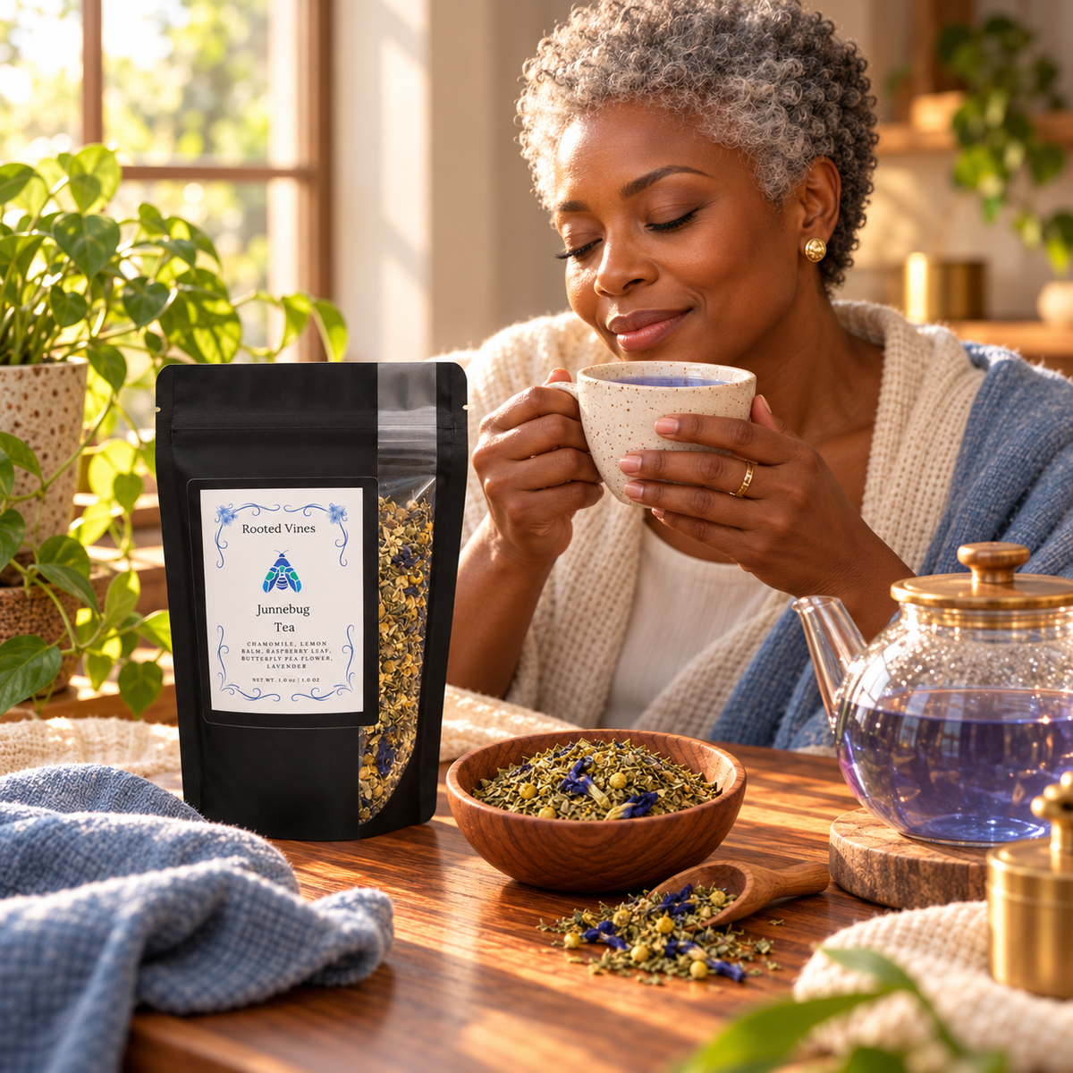 Woman enjoying Junnebug Herbal Tea in a warm home setting
