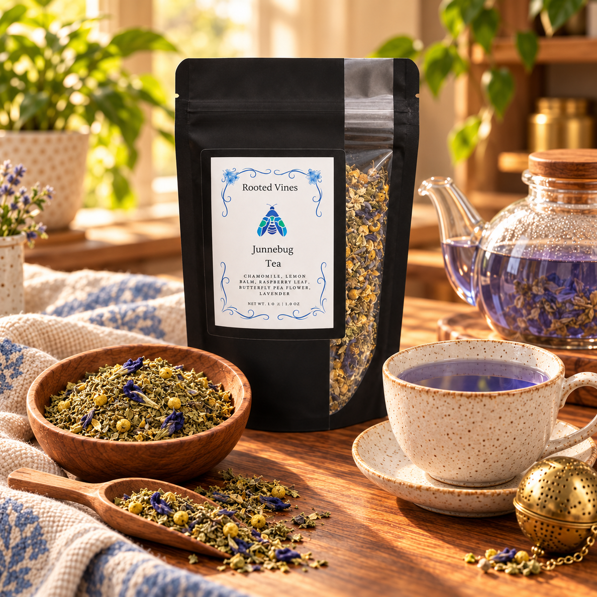 Complete Junnebug Herbal Tea ritual with pouch, blend, teapot, and cup