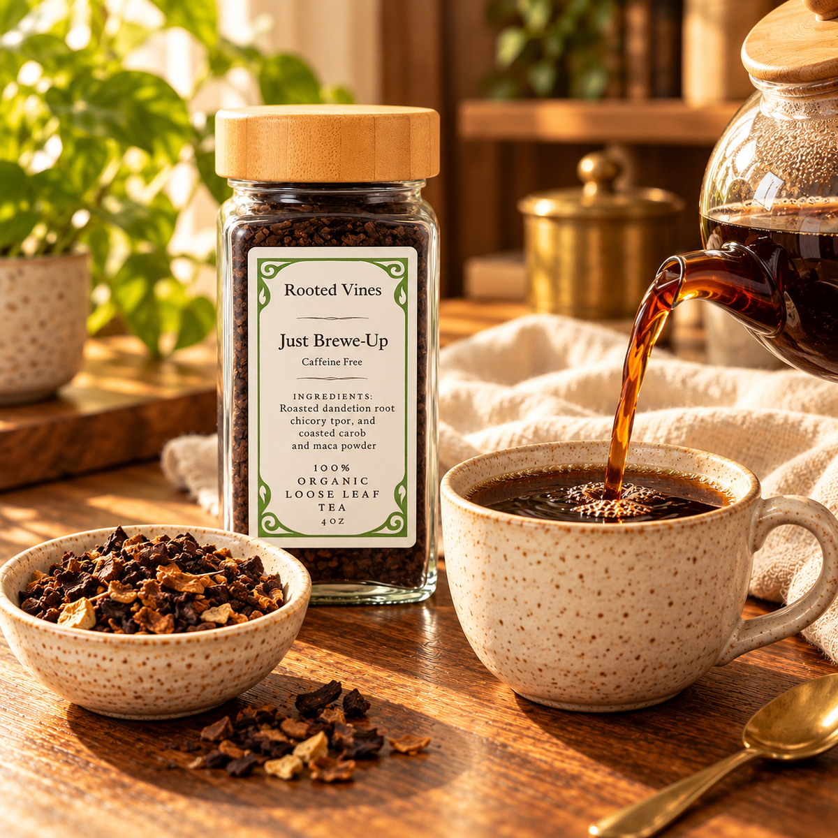 Pouring Just Brewe-Up herbal brew