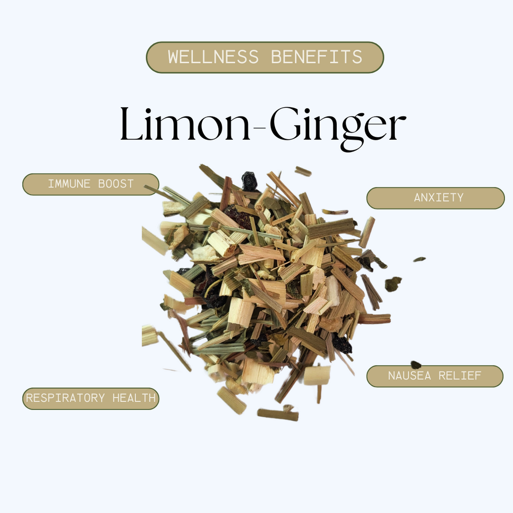 Limon-Ginger tea leaves with wellness benefits listed on a white background