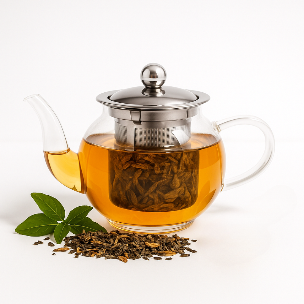Clear teapot with silver lid filled with tea, surrounded by loose tea leaves and a leaf on a white background