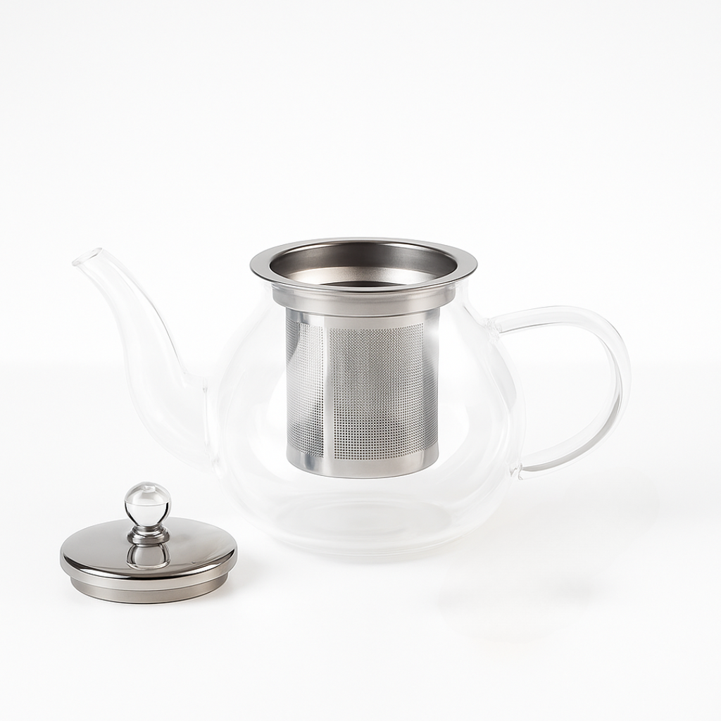 Clear glass teapot with metal infuser and lid on a white background