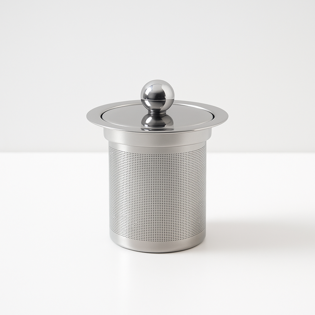 Stainless steel mesh tea infuser with lid on a white background