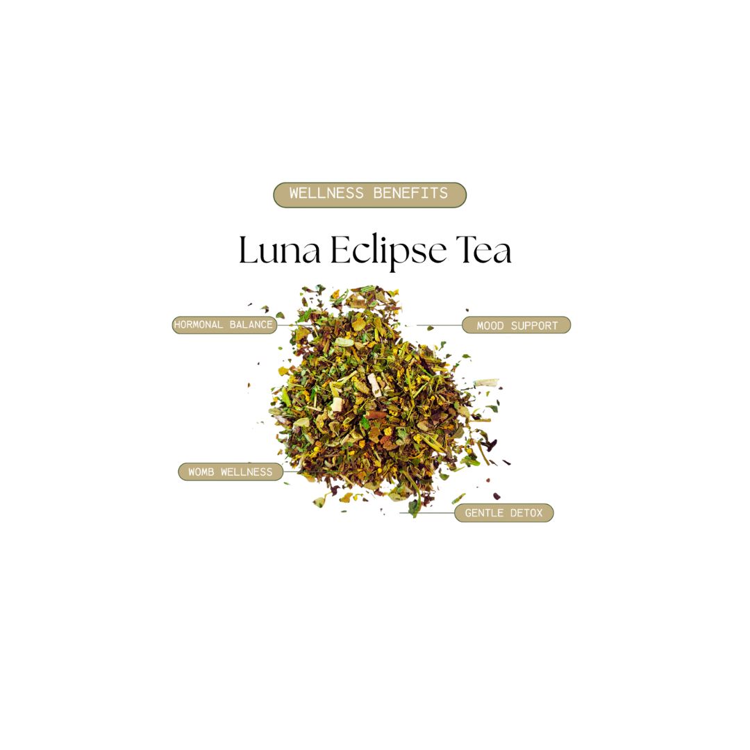 Luna Eclipse Tea packaging with tea leaves and wellness benefits listed on a white background