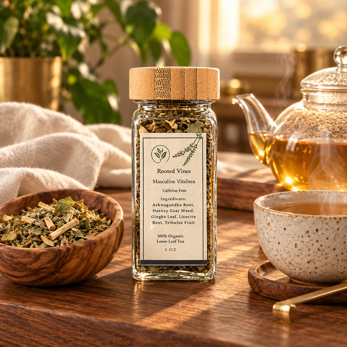 Masculine VitaliTea Herbal Sample product hero with glass jar and amber tea
