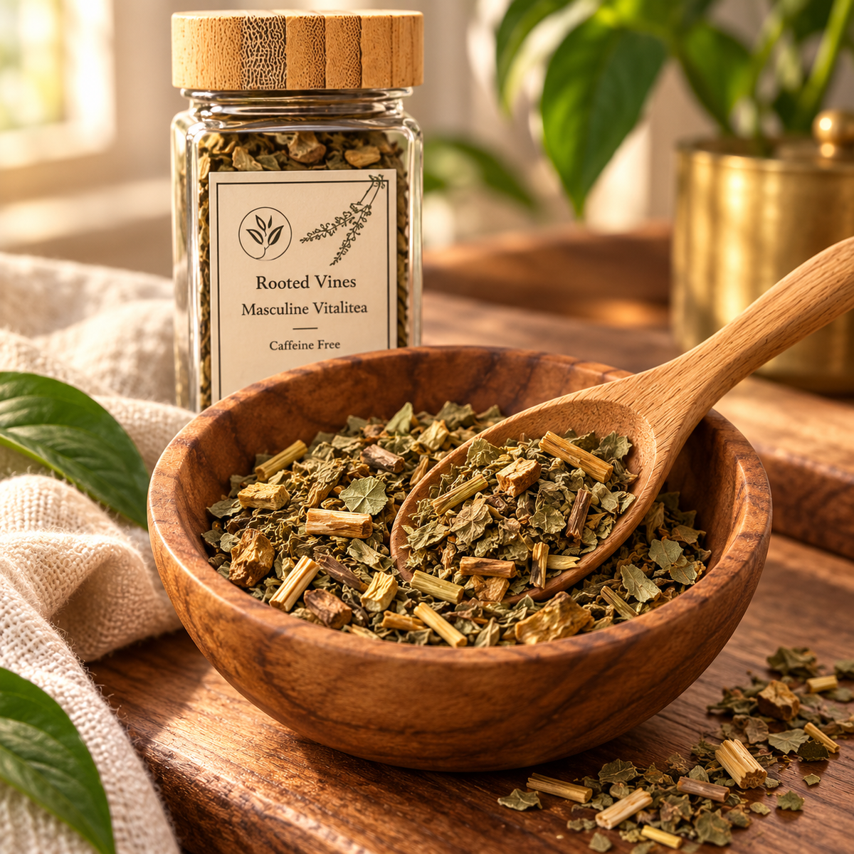 Masculine VitaliTea loose herbal blend close-up with olive leaves and root pieces