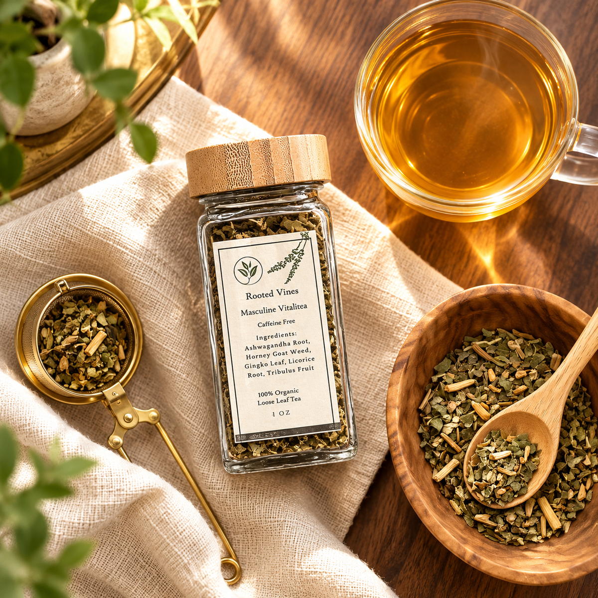 Masculine VitaliTea sampler overhead flat lay with loose blend and brewed tea