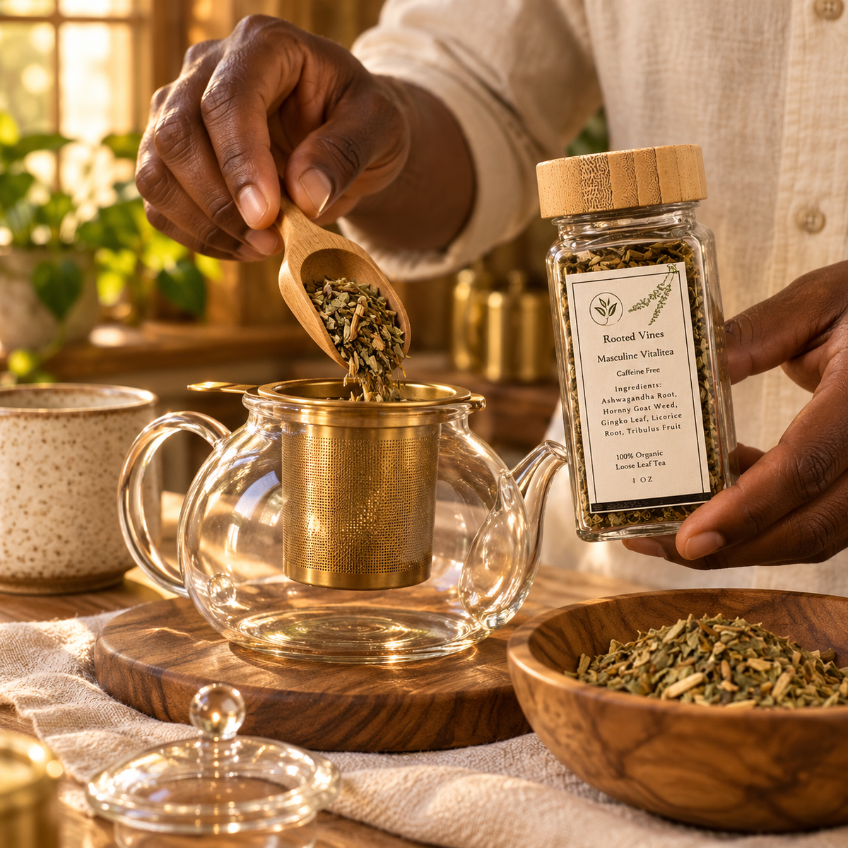 Measuring Masculine VitaliTea loose blend into a glass teapot