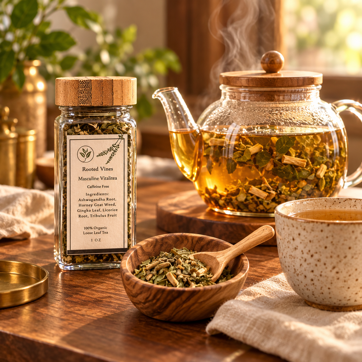 Masculine VitaliTea steeping to a warm amber-gold infusion