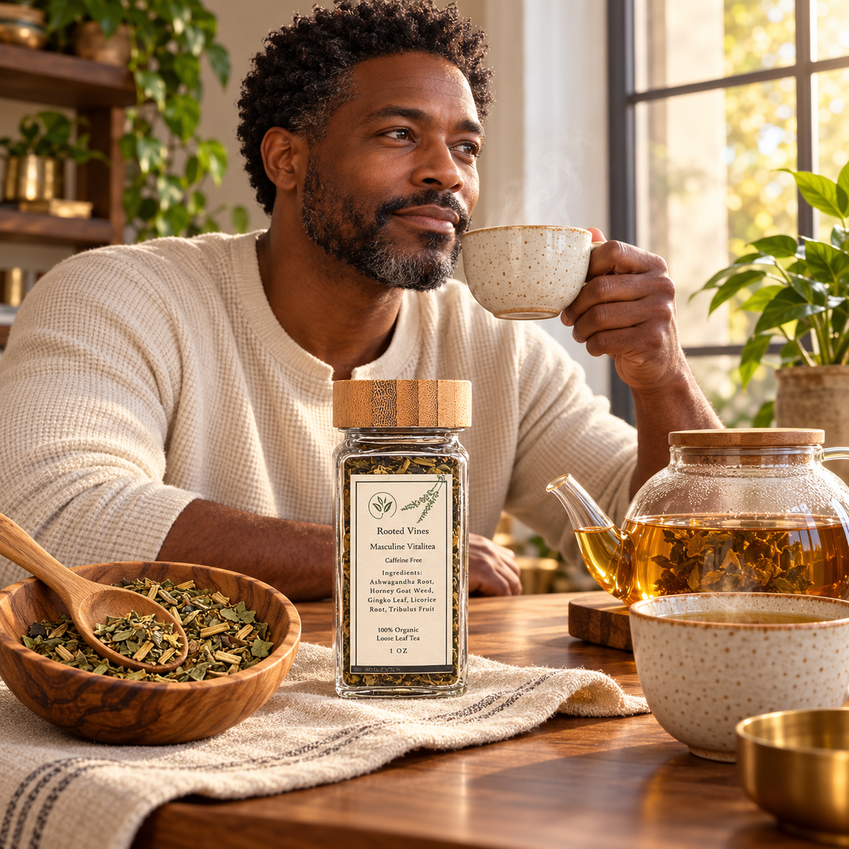 Man enjoying Masculine VitaliTea in a warm morning ritual