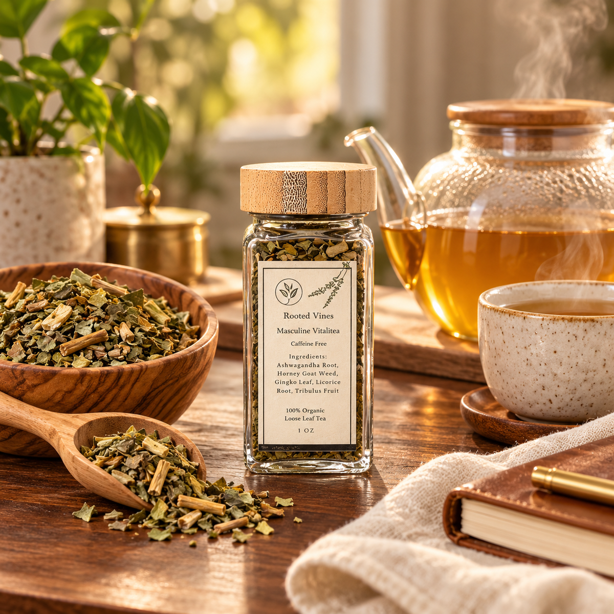 Complete Masculine VitaliTea ritual with sample jar, loose blend, teapot, and cup