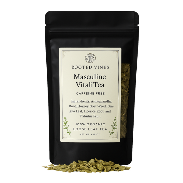 Black package of Rooted Vines Masculine VitaliTea with visible tea leaves on a white background