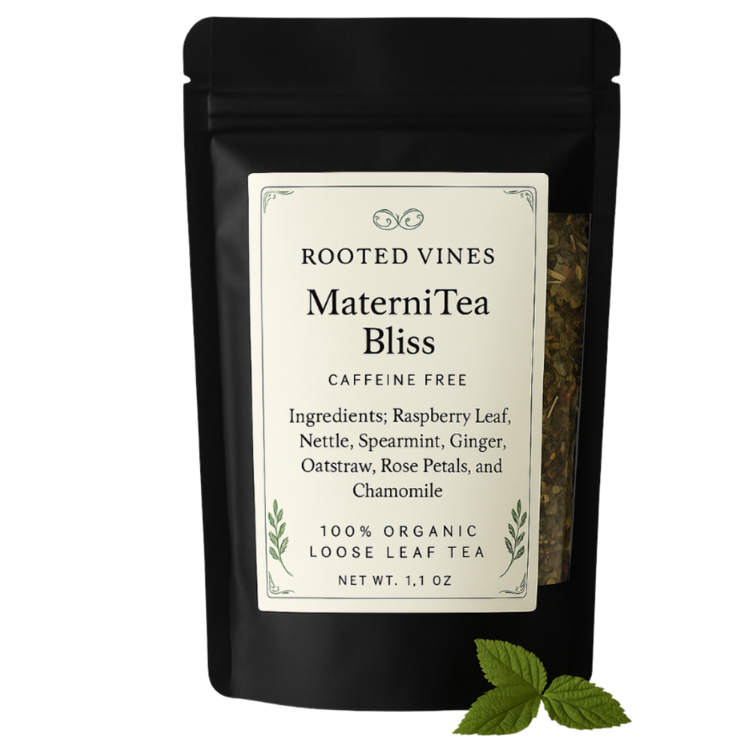 Tea package labeled 'MaterniTea Bliss' by Rooted Vines on a white background.