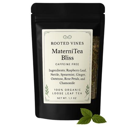 Tea package labeled 'MaterniTea Bliss' by Rooted Vines on a white background.