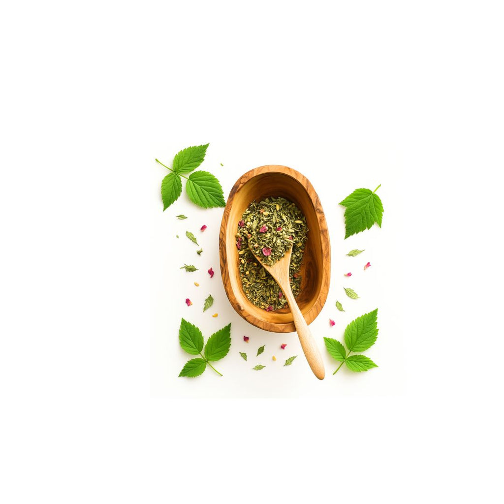 Wooden bowl with green herbs and a wooden spoon on a white background