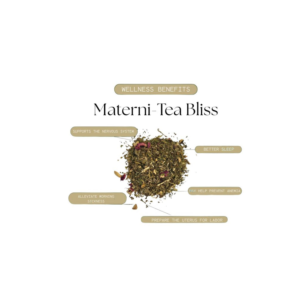 Tea blend with wellness benefits text on a white background