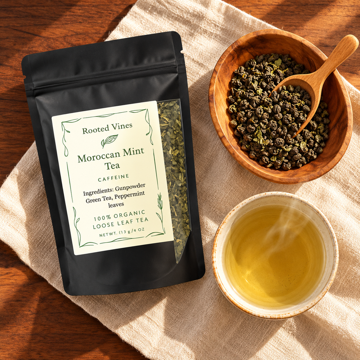 Moroccan Mint Green Tea 03 overhead flat lay
