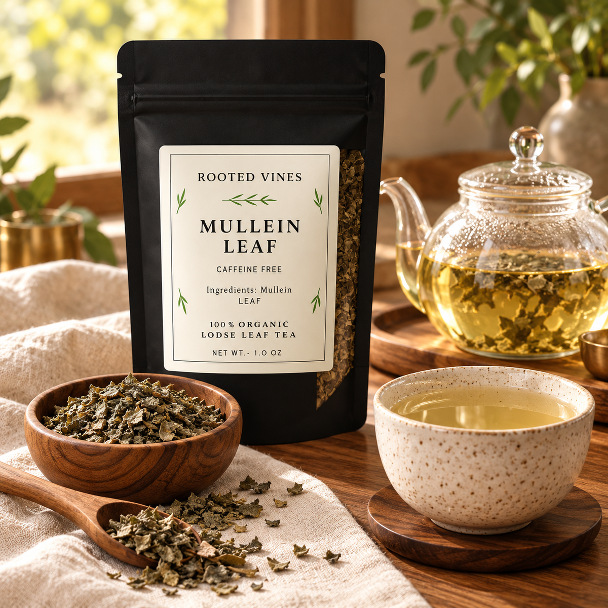 Mullein Leaf Herbal Tea product hero with pouch and pale golden tea