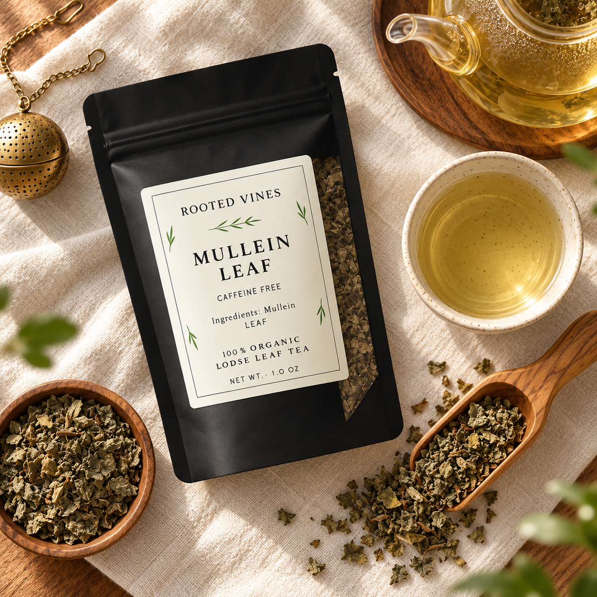 Mullein Leaf Herbal Tea overhead flat lay