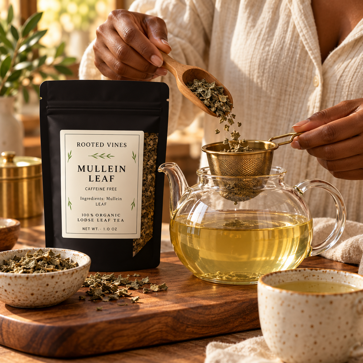 Measuring dried mullein leaf into a fine tea infuser