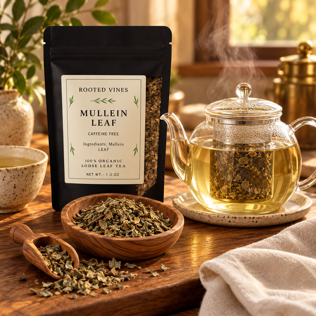 Mullein leaf steeping to a pale straw-gold infusion