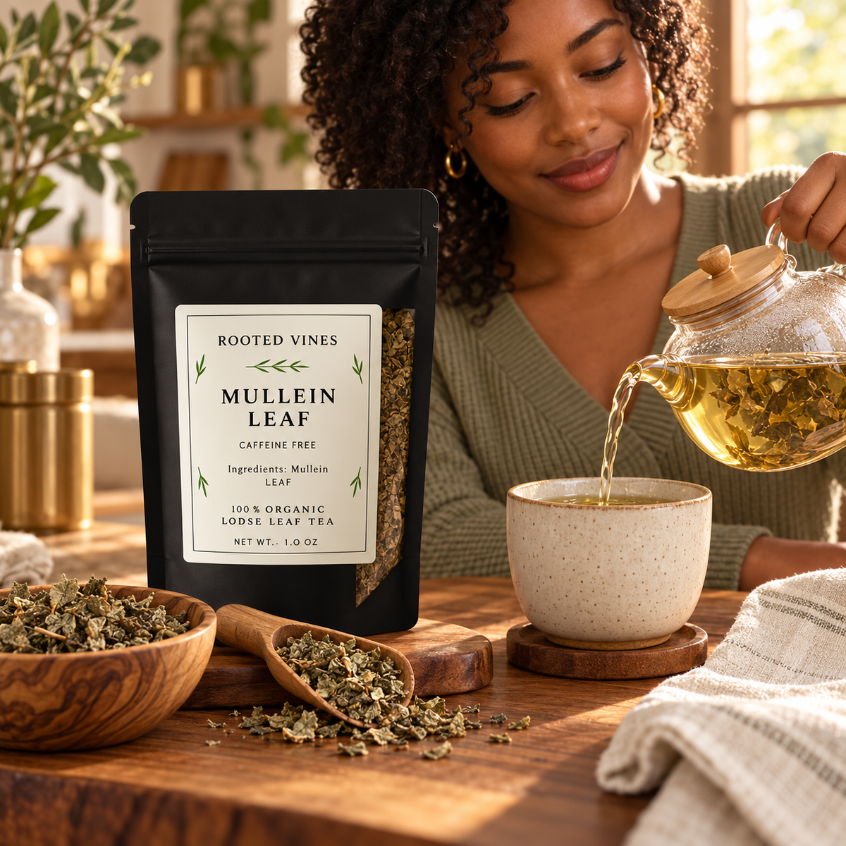 Woman pouring Mullein Leaf Herbal Tea into a ceramic cup
