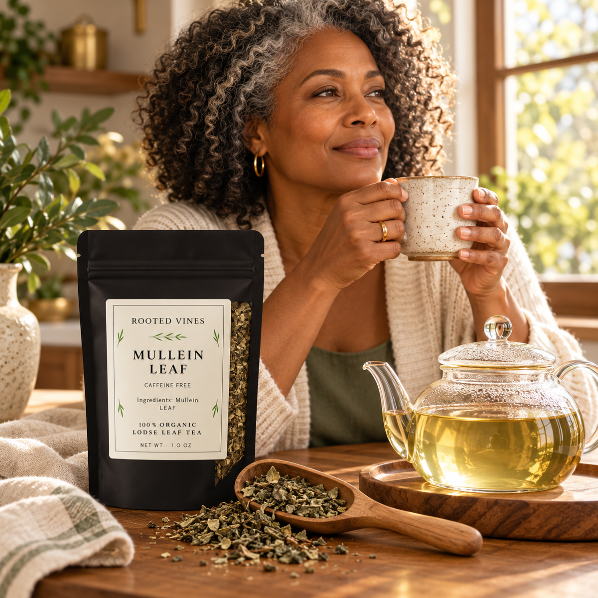 Woman enjoying Mullein Leaf Herbal Tea by a sunny window