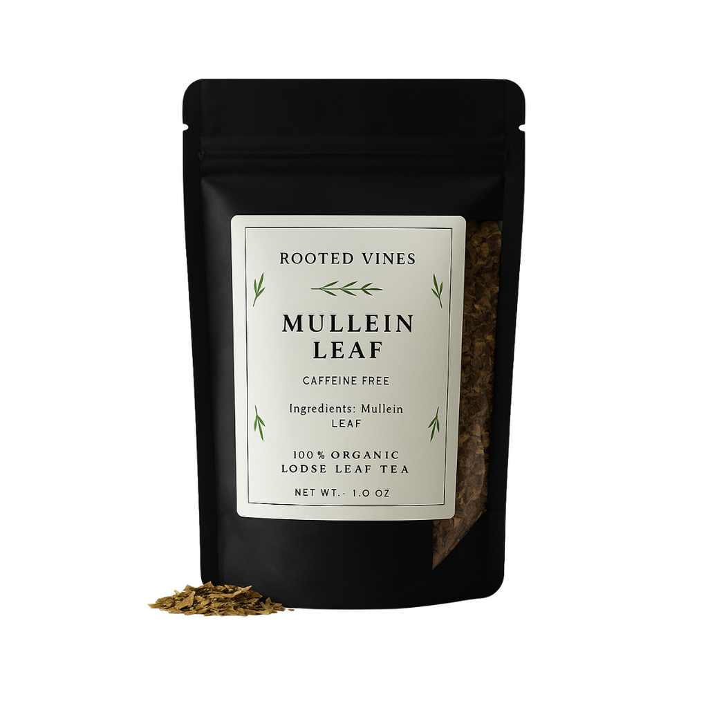 Black package of Mullein Leaf tea with a label on a white background
