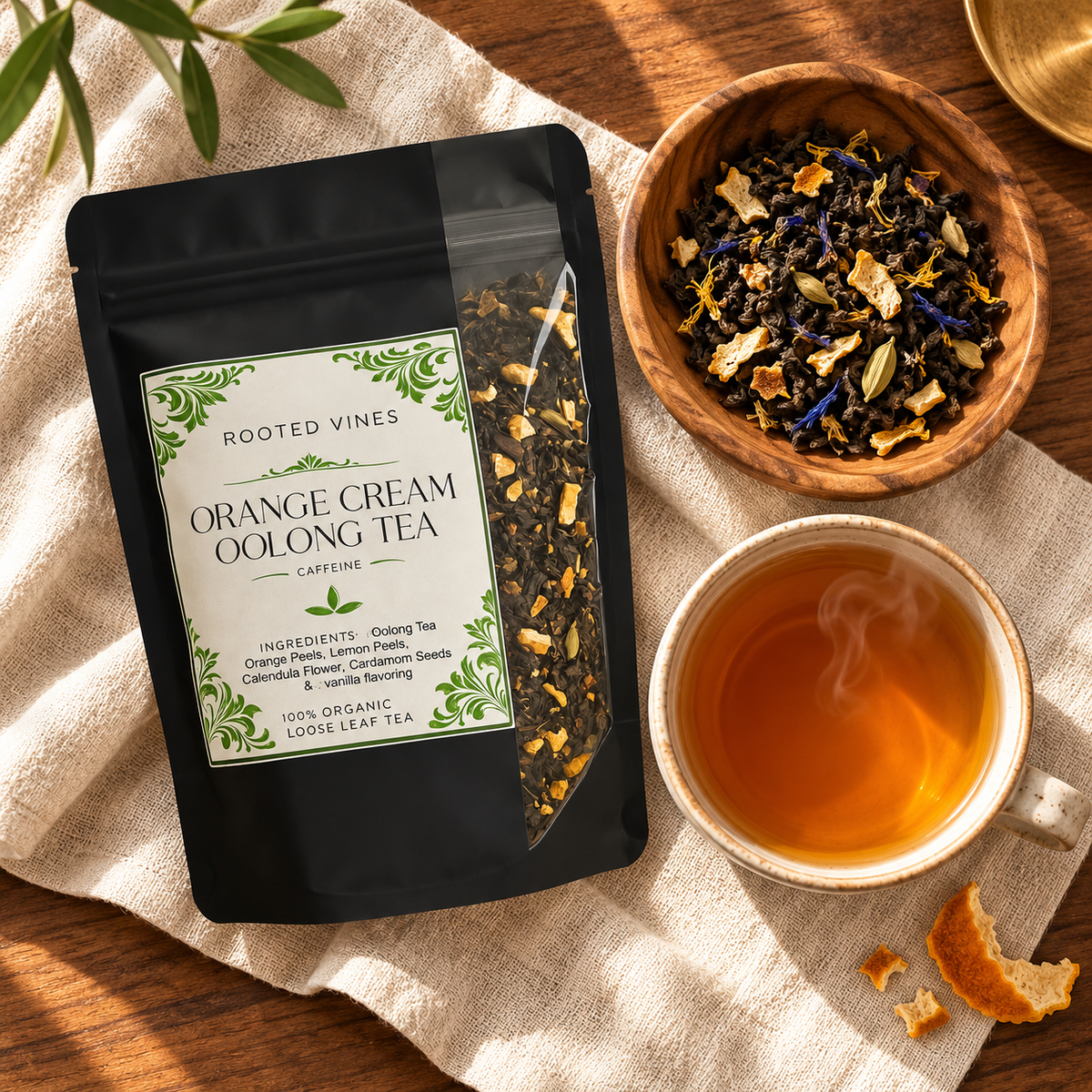 Orange Cream Oolong Tea 03 overhead flat lay