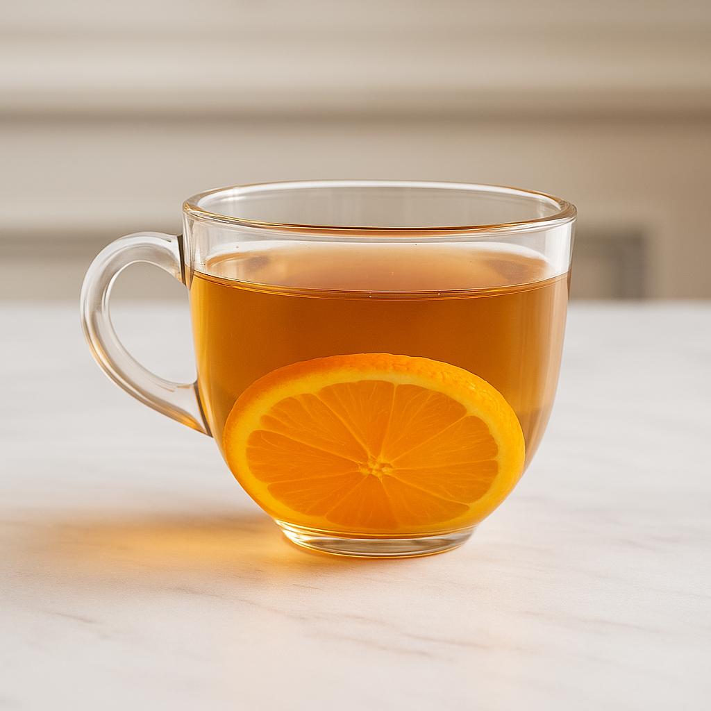 Clear glass mug with orange slices floating in a warm beverage on a light surface.