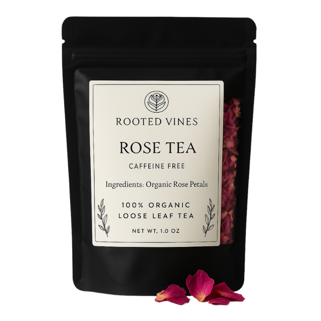 Black package of Rooted Vines Rose Tea with a label on a white background