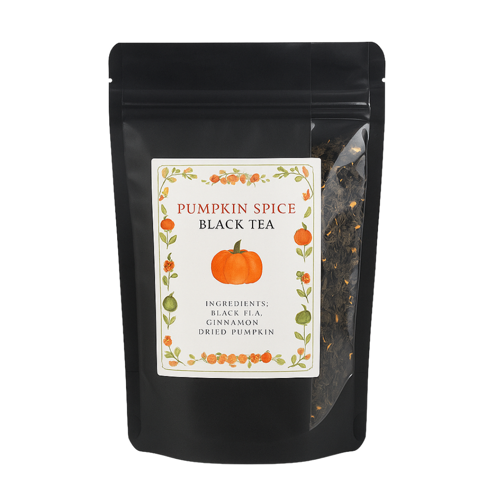 Black tea package with pumpkin spice label on a white background