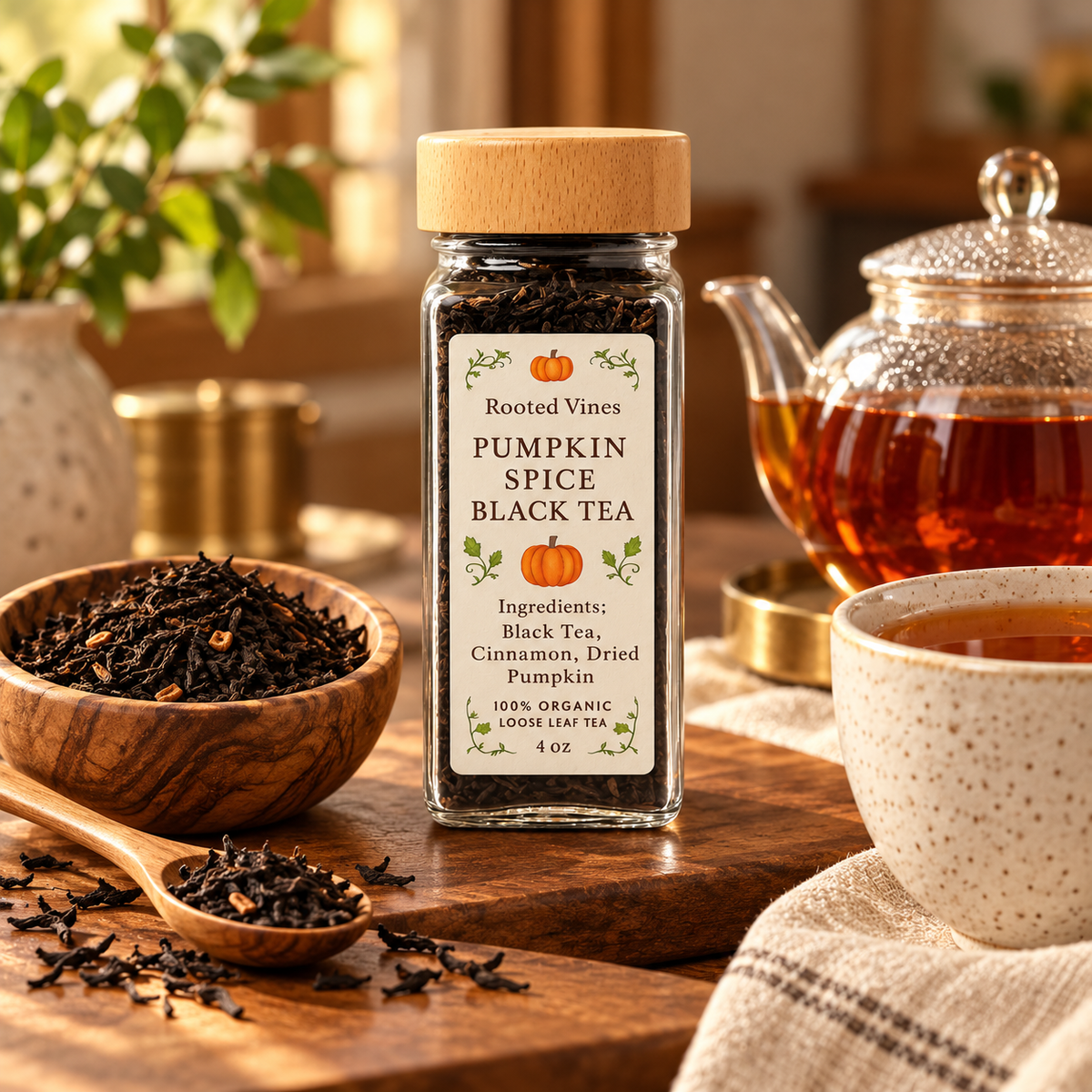 Pumpkin Spice Black Tea Sample product hero with glass jar and copper-amber tea